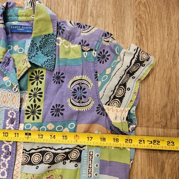 Vtg Karen Scott Floral Patchwork Button Up Top Womens PM Boho Retro Groovy Linen - Picture 7 of 8